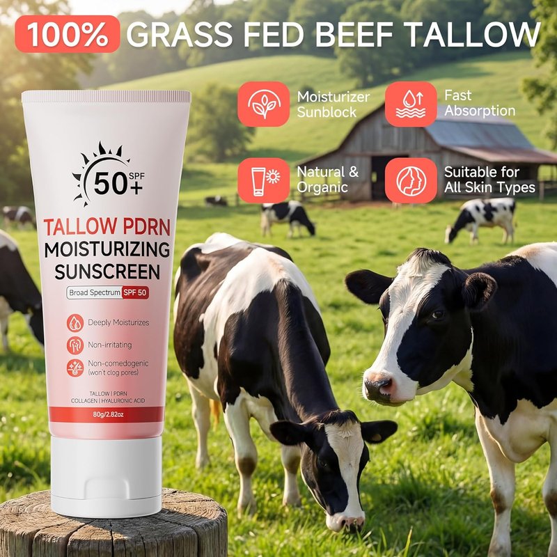 Beef Tallow Sunscreen - Mineral SPF 50 with Non-Nano Zinc Oxide | Moisturizing for Sensitive Skin & Kids, 2.82 OZ