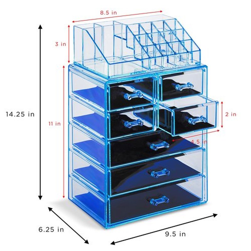 Sorbus Clear Cosmetic Makeup Organizer - Make Up & Jewelry Storage, Case & Display - Spacious Design - Great for Dresser, Bathroom, Vanity & Countertop (3 Large, 4 Small Drawers) [Blue Brilliance]