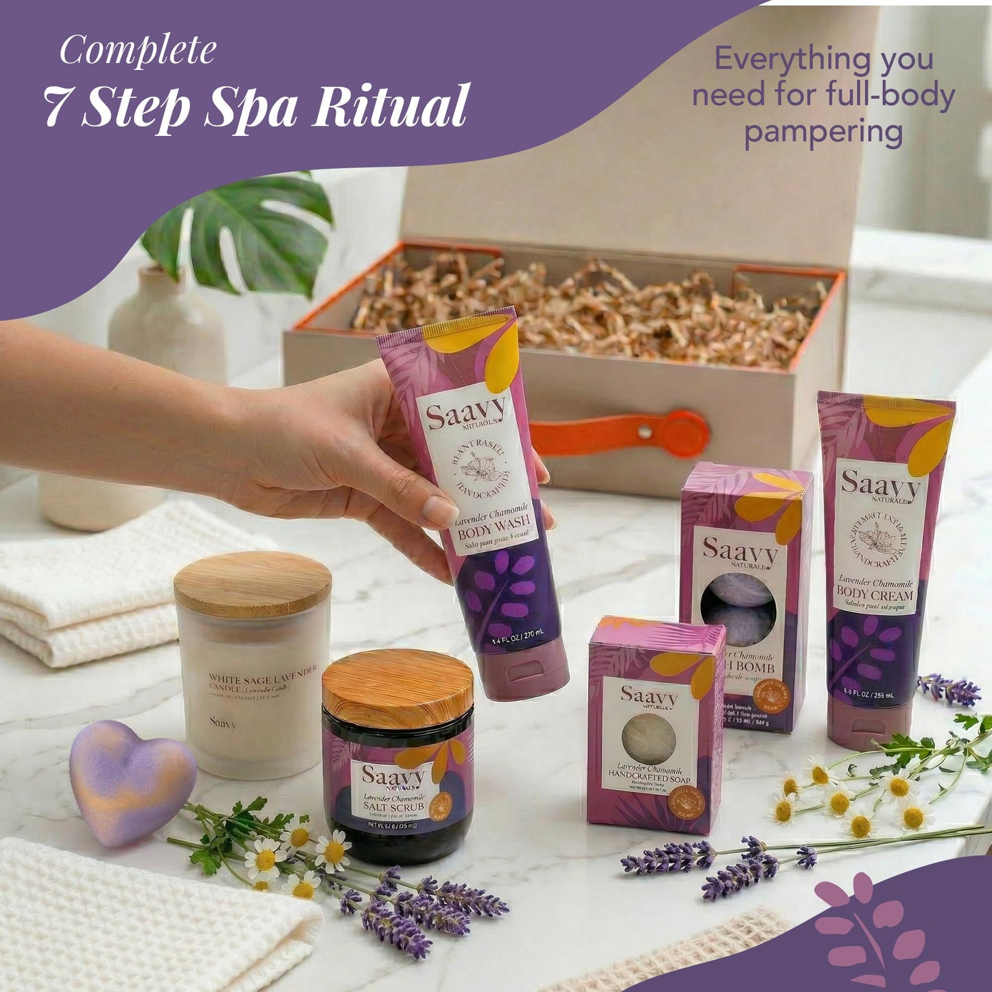 Saavy Naturals Spa Gift Basket, Relaxing Tahitian Vanilla Scented Gift Basket with Body Wash, Sugar Scrub, and More, Spa Self Care Gift Baskets for Women