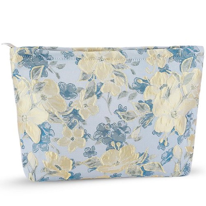 ZLFSRQ Flower Makeup Bag for Women Girls Travel Cute Floral Cosmetic Bags Large Cosmetic Pouch Purse with Zipper Portable Toiletry Bag Aesthetic Embossed Blue Beige Makeup Brushes Storage Organizer