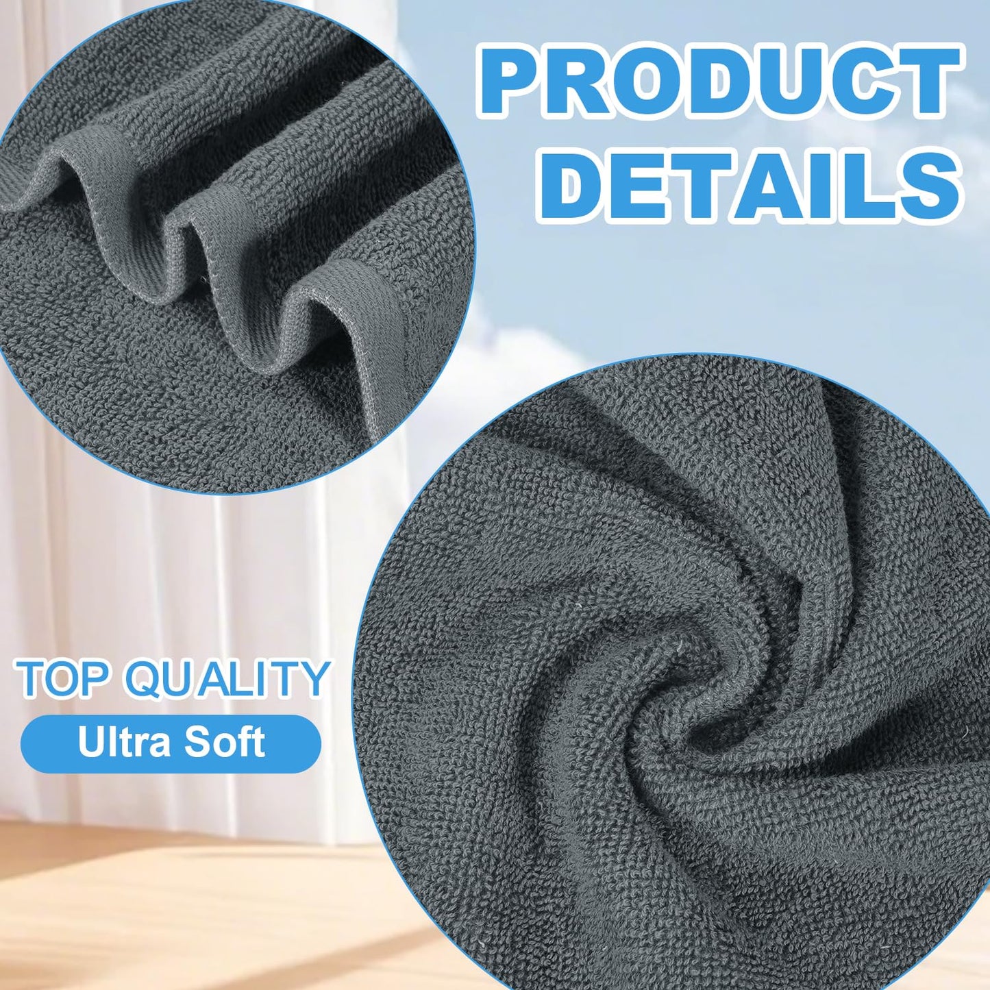 Keith Lun 6 Pack 100% Cotton Wash Cloth, 12x12Inch Highly Absorbent and Soft Feel Fingertip Towels, Machine Washable Washcloths for Bathroom, Gym, Hotel, Spa and Kitchen, Grey