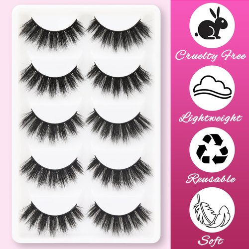 Veleasha Lashes 5D Faux Mink Lashes Cat Eye Lashes 100% Handmade Luxurious Volume Fake Eyelashes Lightweight Fluffy False Eyelashes 5 Pairs Pack (801)