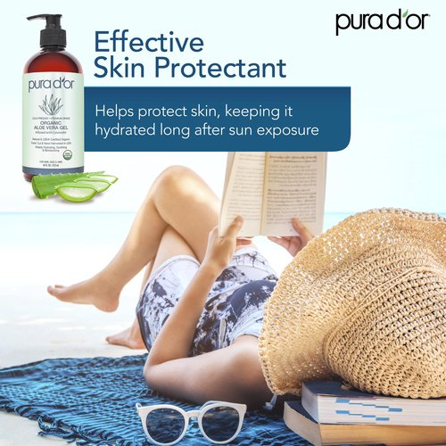 PURA D'OR ORGANIC Aloe Vera Gel Lavender (16 Oz X 2) All Natural - ZERO Artificial Preservatives - Deeply Hydrating & Moisturizing - Sunburn, Bug Bites, Rashes, Small Cuts, Eczema Relief - Skin & Hair