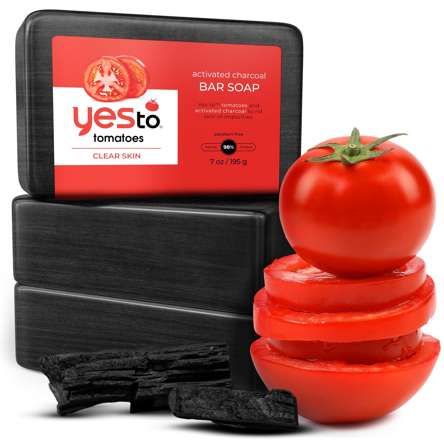 Yes To Tomatoes Charcoal Bar Soap with Tomato Extracts & Sunflower Seed Oil - Detoxifying Face & Body Soap for Men, Women, and Teens, 6 oz - Paraben-Free (Pack of 3)
