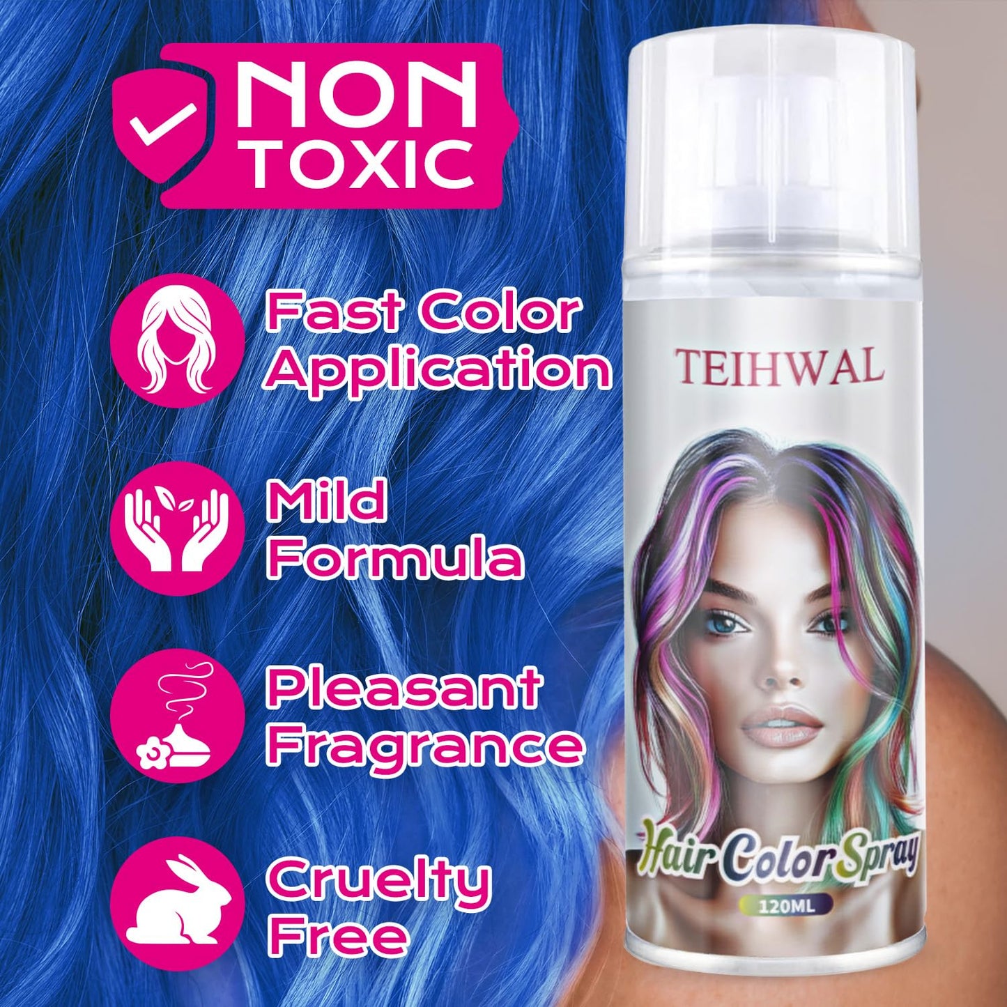 TEIHWAL Temporary Hair Color Spray Blue Hair Spray,1-Day Washable Hair Dye for Kids,Natural Style for Christmas Halloween Cosplay Party-Blue