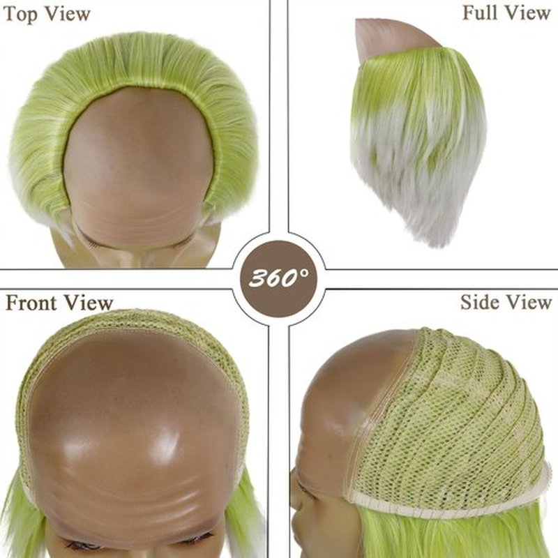 GNIMEGIL Short Green Roots Ombre White Wig Fluffy Straight Clown Bald Headpiece Movie Cosplay Wigs Halloween Costume Wigs for Men Ghostly Vibes or Mad Scientist Genius