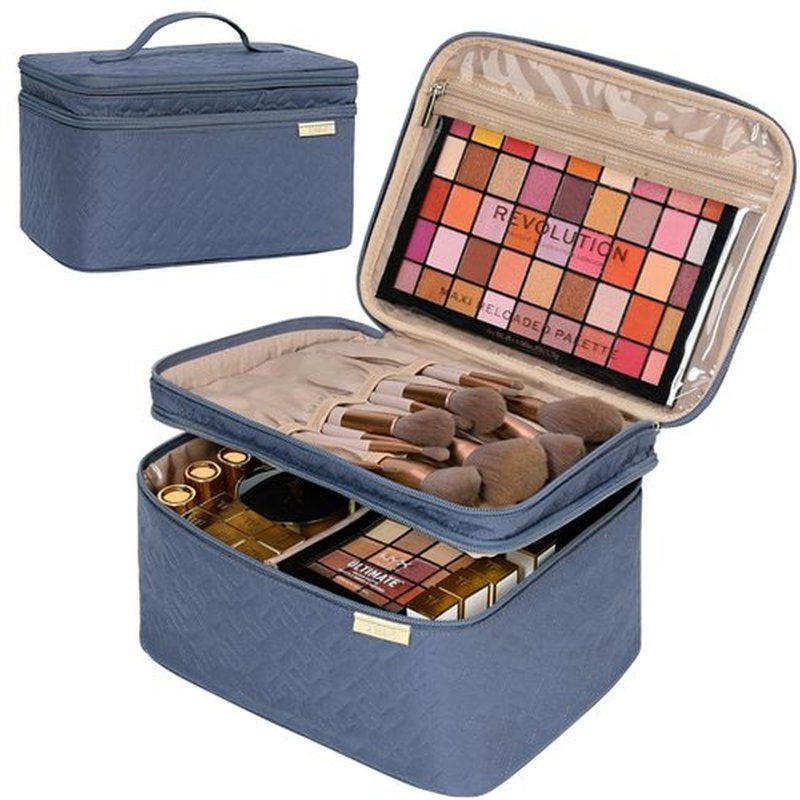 NISHEL Large Double Layer Travel Makeup Bag Women, Large Cosmetic Case, Organizer for Travel-Size Accessories Bottles, Brushes, Conditioner, and Skin Care Products, Aegean-Blue