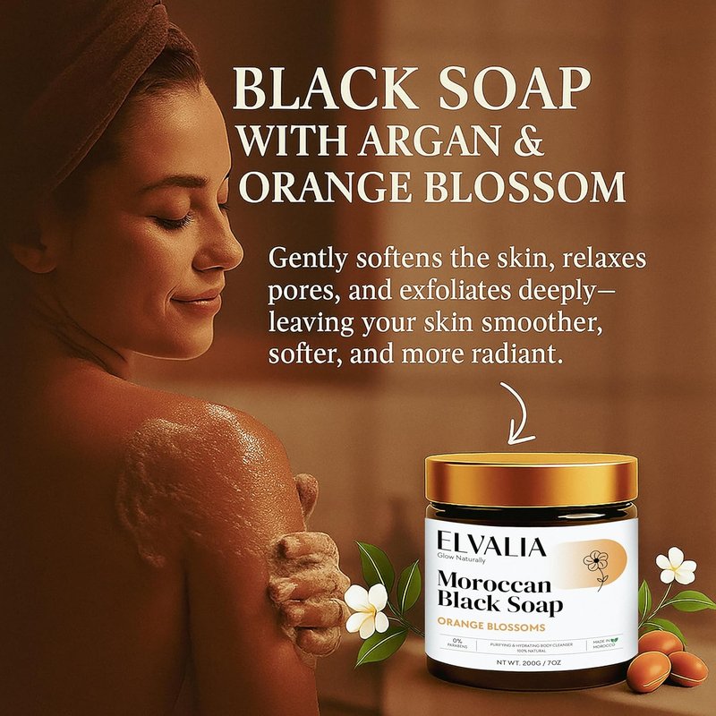 Elvalia Moroccan Black Soap - Natural Hammam Cleanser & Exfoliating Body Treatment | Vegan, 200g (Orange Blossom)