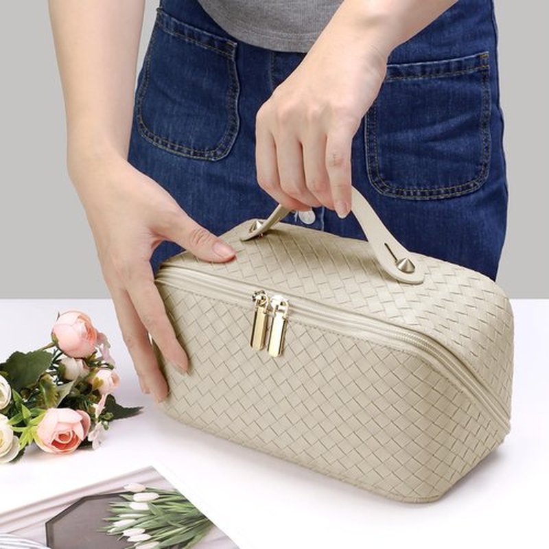 ALEXTINA Large Capacity Travel Cosmetic Bag - PU Leather Makeup Organizer Bag Portable Woven Makeup Bags for Women Waterproof Travel Toiletry Bag with Divider Pouch, Khaki