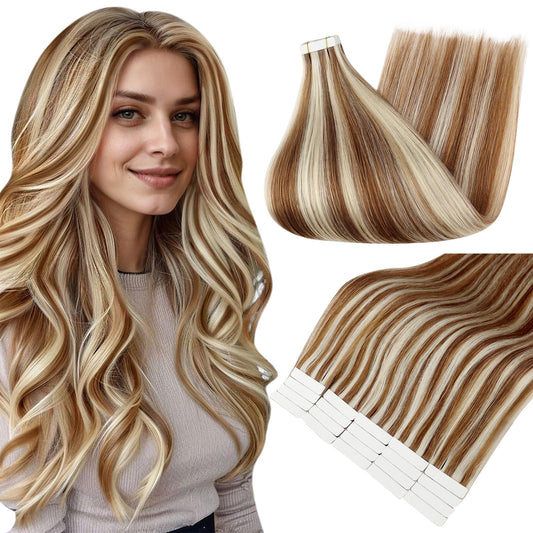 Full Shine Hair Extensions Tape in 12 Inch Tape in Extensions Real Human Hair for Women Color 330 Auburn Highlight 800 Blonde Double Sided Tape in Remy Natural Hair Extensions 20PCS 30grams