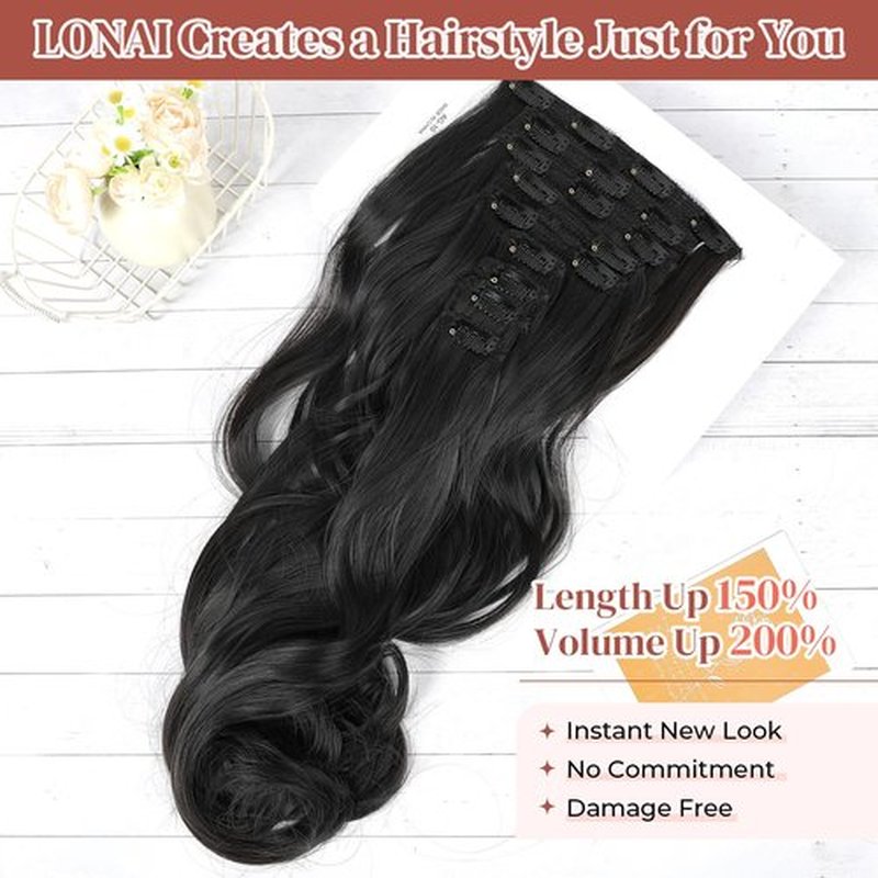 LONAI Clip in Hair Extensions, 9PCS Long Curly Wavy Layer Hair Clip Extensions, Synthetic Hair Extension Natural Soft Invisible Lace Hairpiece for Women Black
