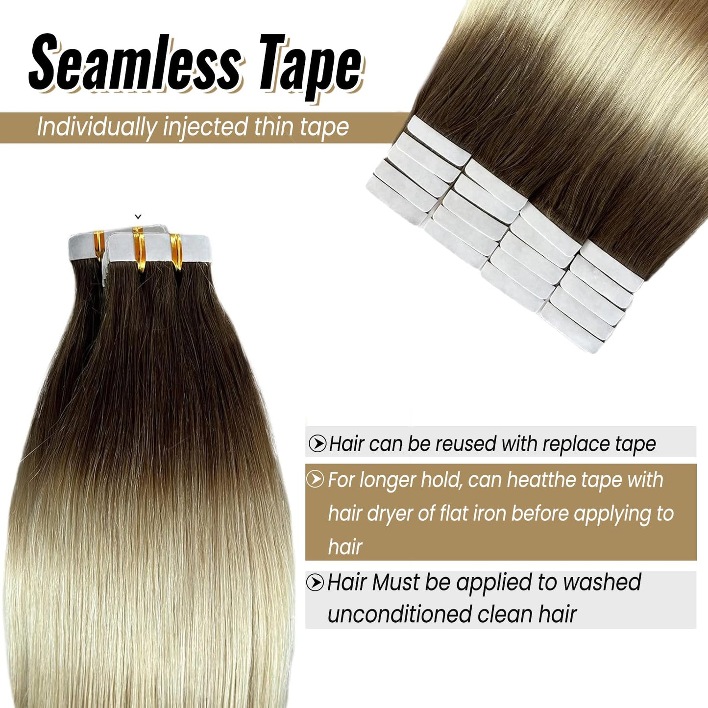Tape Ins Human Hair Extensions 22inch Omber Flax Brown to Platinum Blonde Silky Straight Brazilian Double Sided Tape in Extensions Human Hair Tape in Extensions