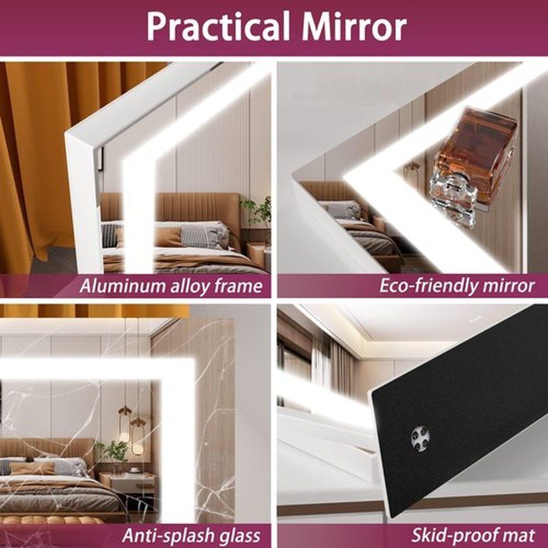 Hasipu Vanity Mirror with Lights, 24.2" x 19.7" LED Makeup Mirror, Light up Mirror with 10X Magnification and USB, Phone Holder, Smart Touch 3 Colors Dimmable, 360° Rotation (Right Angle White)