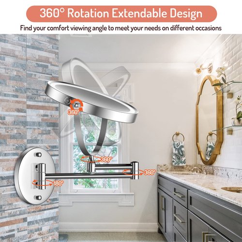Rocollos Rechargeable Wall Mounted Lighted Makeup Mirror Chrome, 8 Inch Double-Sided LED Vanity Mirror 1X/10X Magnification,3 Color Lights Touch Screen Dimmable 360°Swivel 13 Inch Extendable