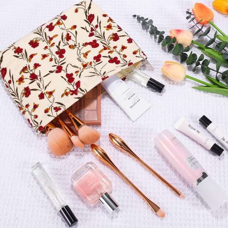 ZLFSRQ 2Pcs Daisy Flower Makeup Bag Travel Cute Cosmetic Bags for Women Large Floral Makeup Pouch Zipper Cosmetic Pouch Set for Purse Aesthetic Corduroy Makeup Organizer Bag Portable Toiletry Bag