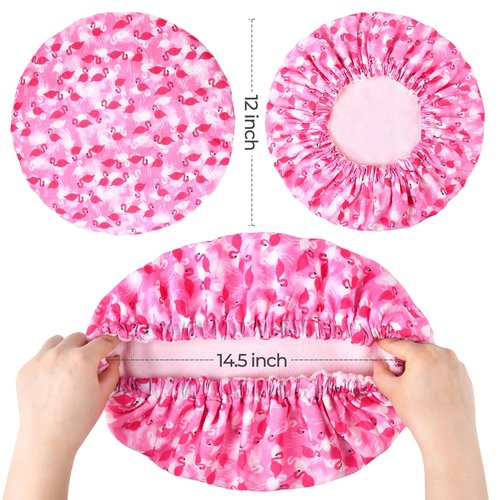 Shower Cap for Women Terry Lined Bath Cap Large Reusable Waterproof Elastic Band Pink Flamingo Shower Caps for Long Thick Hair Soft Bath Shower Hair Caps