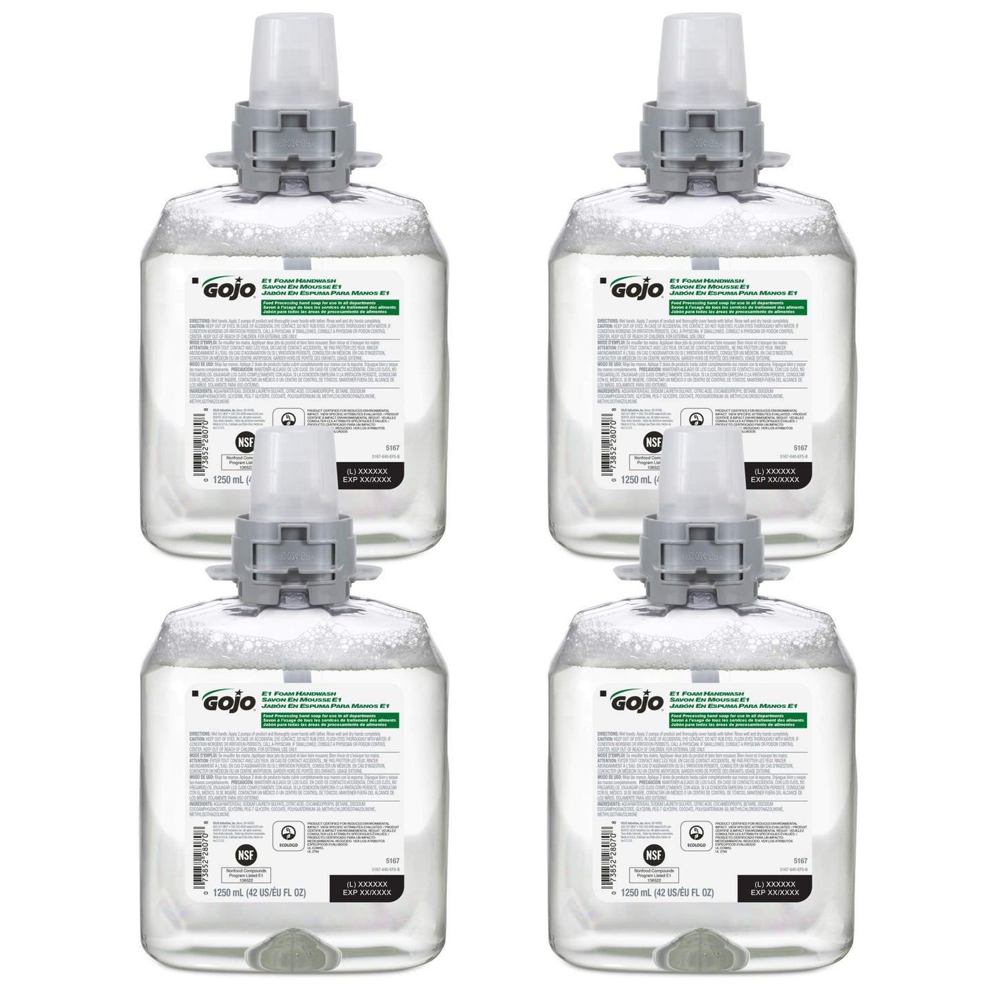 GOJO E1 Foam Handwash, Fragrance Free, 1250 mL Handwash Refill FMX-12 Push-Style Hand Soap Dispenser (Pack of 4) - 5167-04