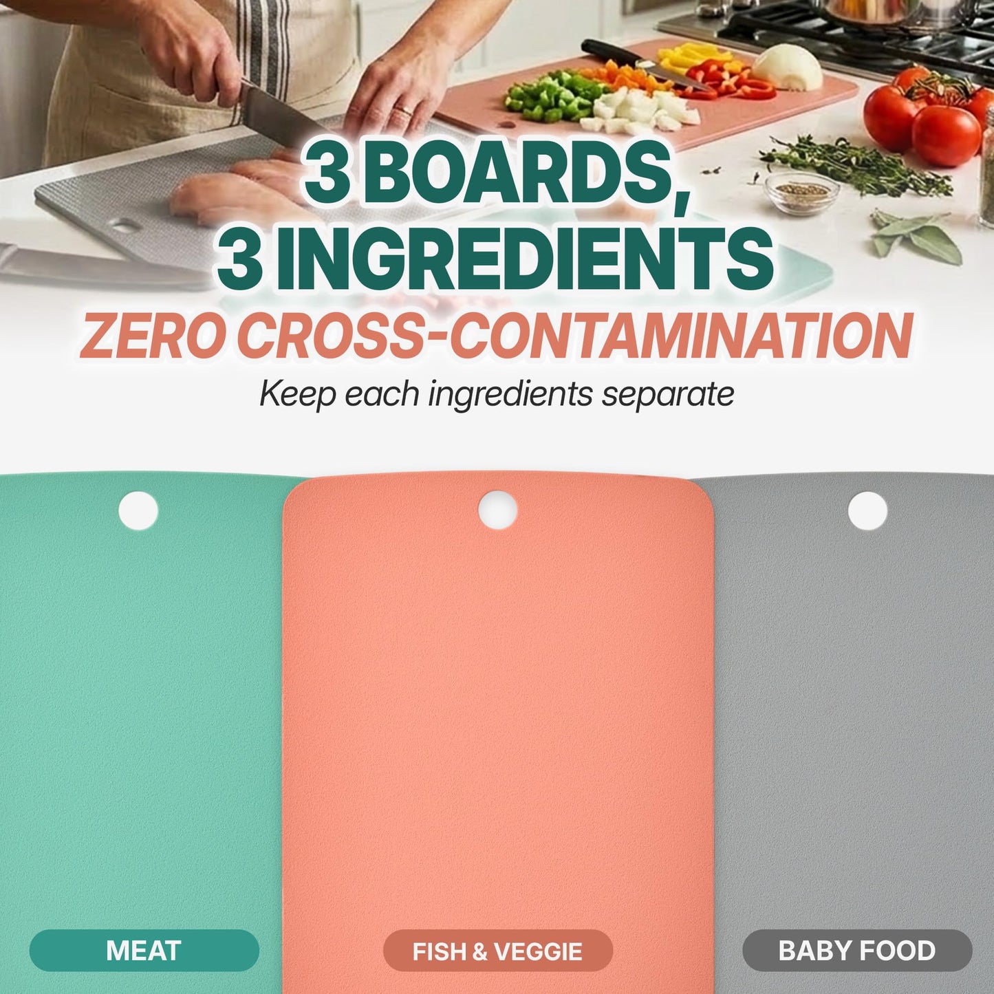 Firgi TPU Small Cutting Board Set of 3 9"x12" - Flexible Cutting Mats for Kitchen Knife Friendly, Cutting Mat Non-Slip Chopping Board Double Sided Scratch Resistant Food Grade Coral Mint Gray