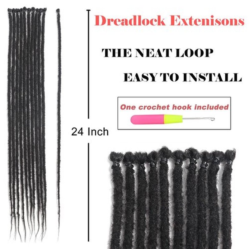 24inch Natural Black Dreadlock Extenisons Thin 0.6cm 20 Strands Handmade Synthetic Crochet Hair Super Long Dread Extensions Reggae Style For Women