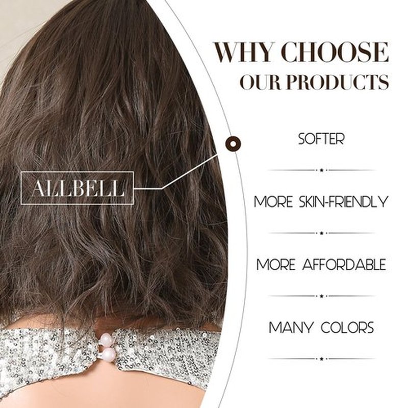 Allbell Brown Wigs for Women Short Wavy Bob Wig with Bangs for Women Synthetic Short Curly Wave Wigs Heat Resistant Fiber Hair Wigs for Daily