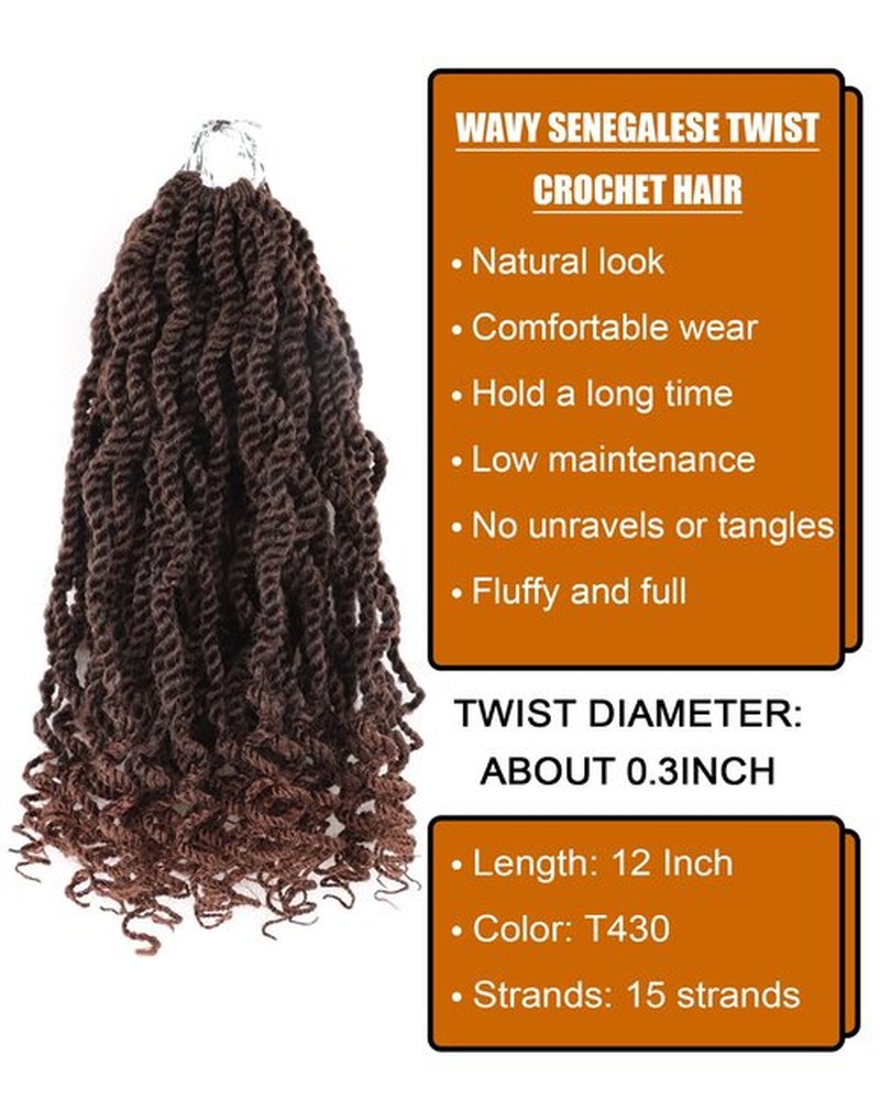 Senegalese Twist Crochet Hair 12 Inch 8 Packs Crochet Hair for Black Women Short Kinky Twist Crochet Braiding Hair with Curly Ends Rope Twist Crochet Hair(12 Inch,T4/30)