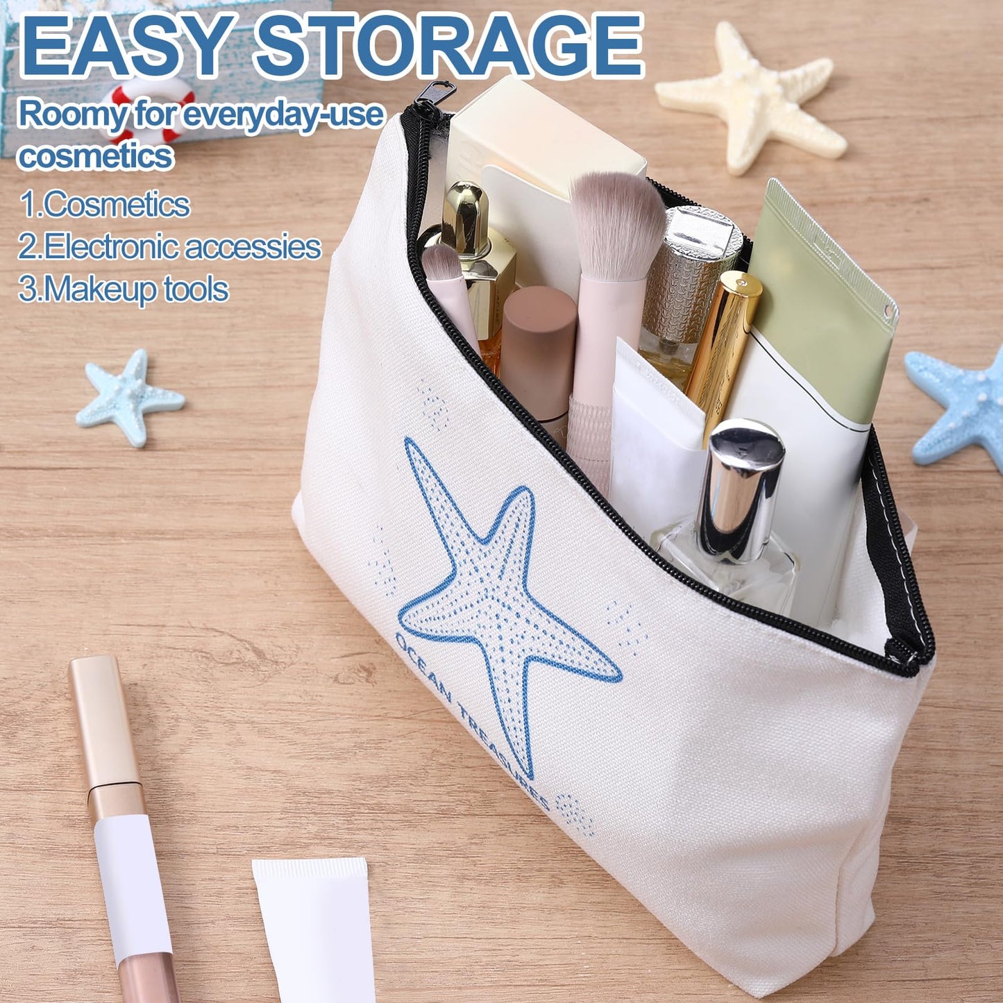 Sunnymove 4 Pack Coastal Cosmetic Bags Beach Ocean Themed Gifts Makeup Pouches Zippered Travel Toiletry Bags for Women Beach Summer Trip Organizer Set(Simple)