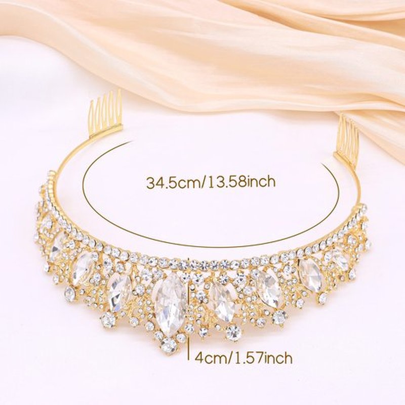 Oriamour Glamorous Crystal-Studded Wedding Crown with Leafy Accents and Combs (Gold, Normal)