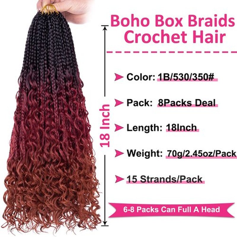 Unionbeauty 18 Inch Boho Box Braids Crochet Hair Goddess Box Braids Crochet Hair 8 Packs Bohemian Box Braids Crochet Hair for Black Woman Ombre Curly Crochet Braids Braiding Hair Extension 1B/530/350#