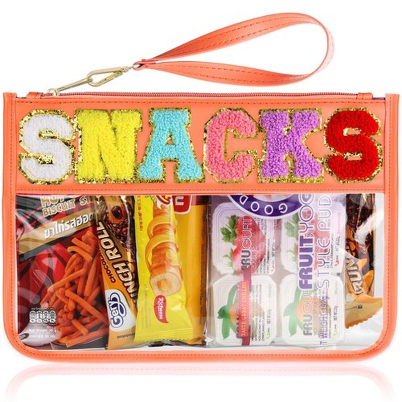 Snack Bag for Travel - Clear Chenille Varsity Letter Flat Pouch with Zipper, Waterproof Clear PVC&PU Preppy Patch Makeup Cosmetic tote Bags for Women Girls (Orange-Snacks)