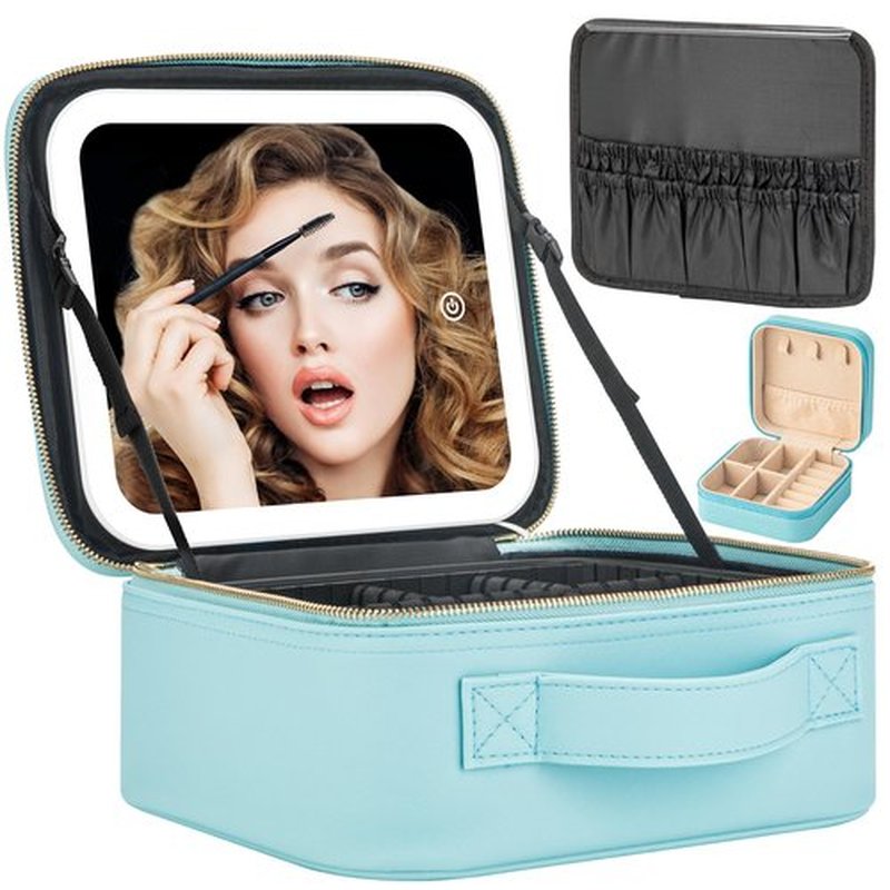 Makeup Travel Train Case with Mirror LED Light 3 Adjustable Brightness Cosmetic Bag Portable Storage Adjustable Partition Waterproof Makeup Brushes Makeup Jewelry Gift for Women (light blue)