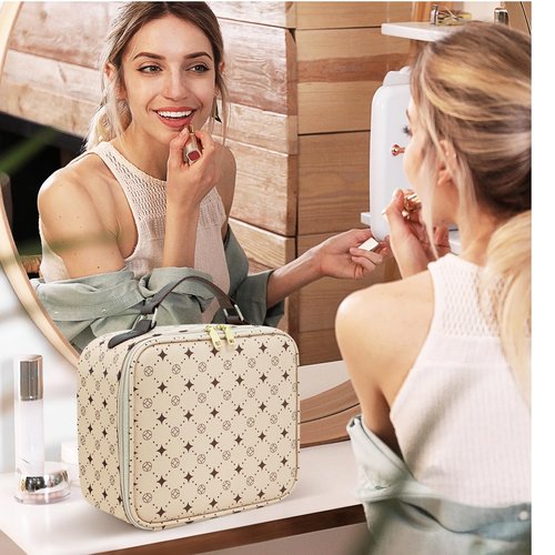 Travel Makeup Bag With 360° rotating LED Mirror,Waterproof cosmetic organizer,Portability Cosmetic case,Makeup organizer,Gift for Women,Girls Gift (Beige + Brown)