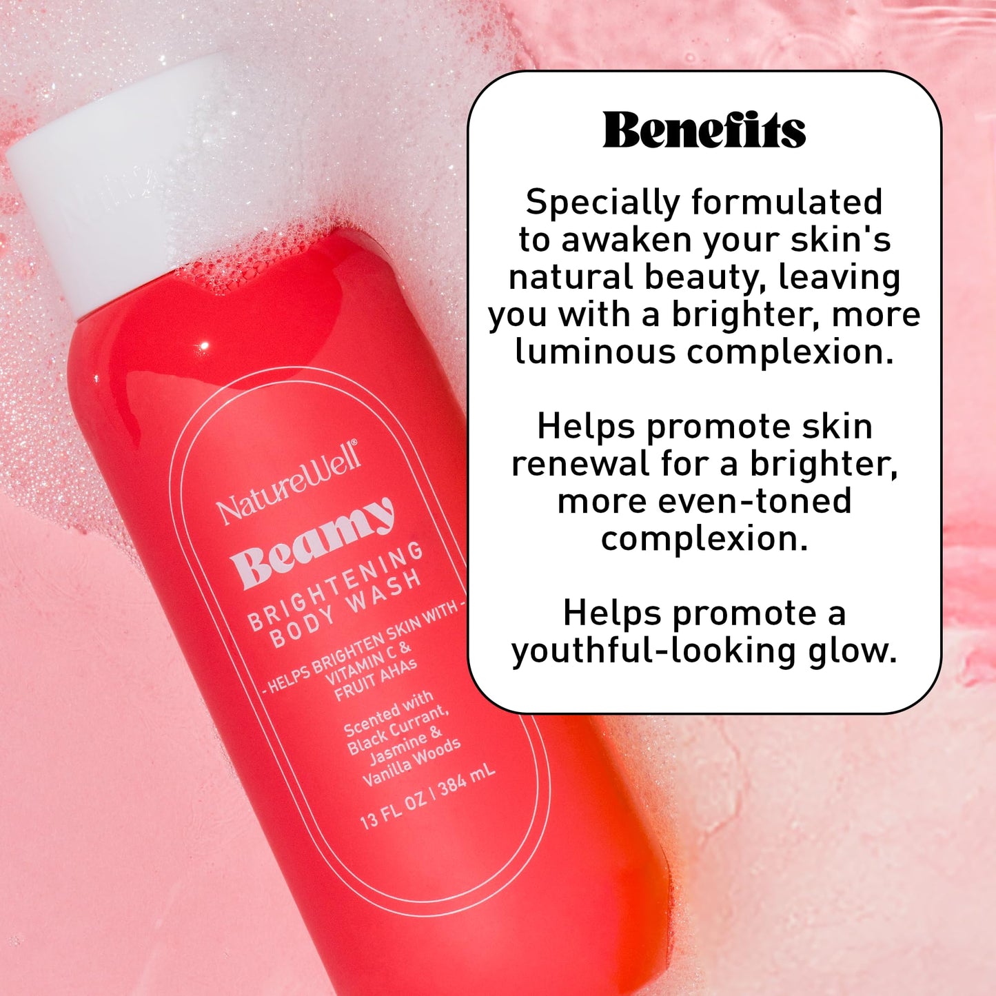 NATURE WELL Beamy Brightening & Cleansing Body Wash, Infused With Fruit AHA Blend, Vitamin C, & Mango Seed Butter, Scented With Black Currant, Jasmine & Vanilla Woods, 13 Fl Oz