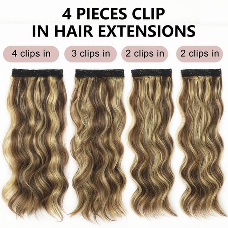 ALXNAN Hair Extensions, 4PCS Highlight Clip in Hair Extensions, 20 Inches Mixed Brown & Blonde Long Wavy Natural Soft Synthetic Hairpieces for Women