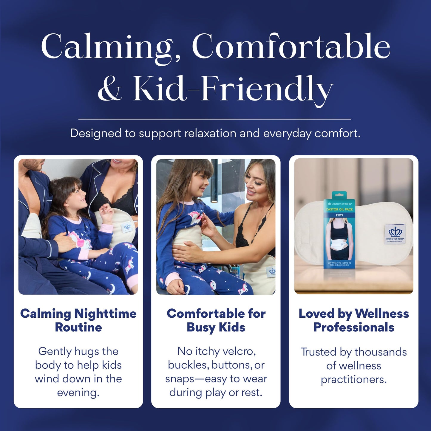QUEEN OF THE THRONES Castor Oil Pack for Kids - Heatless, Less-Mess, Reusable - Organic Cotton Flannel, Comfort Fit, Soft Straps & Naturopathic Doctor Designed (Castor Oil Sold Separately)