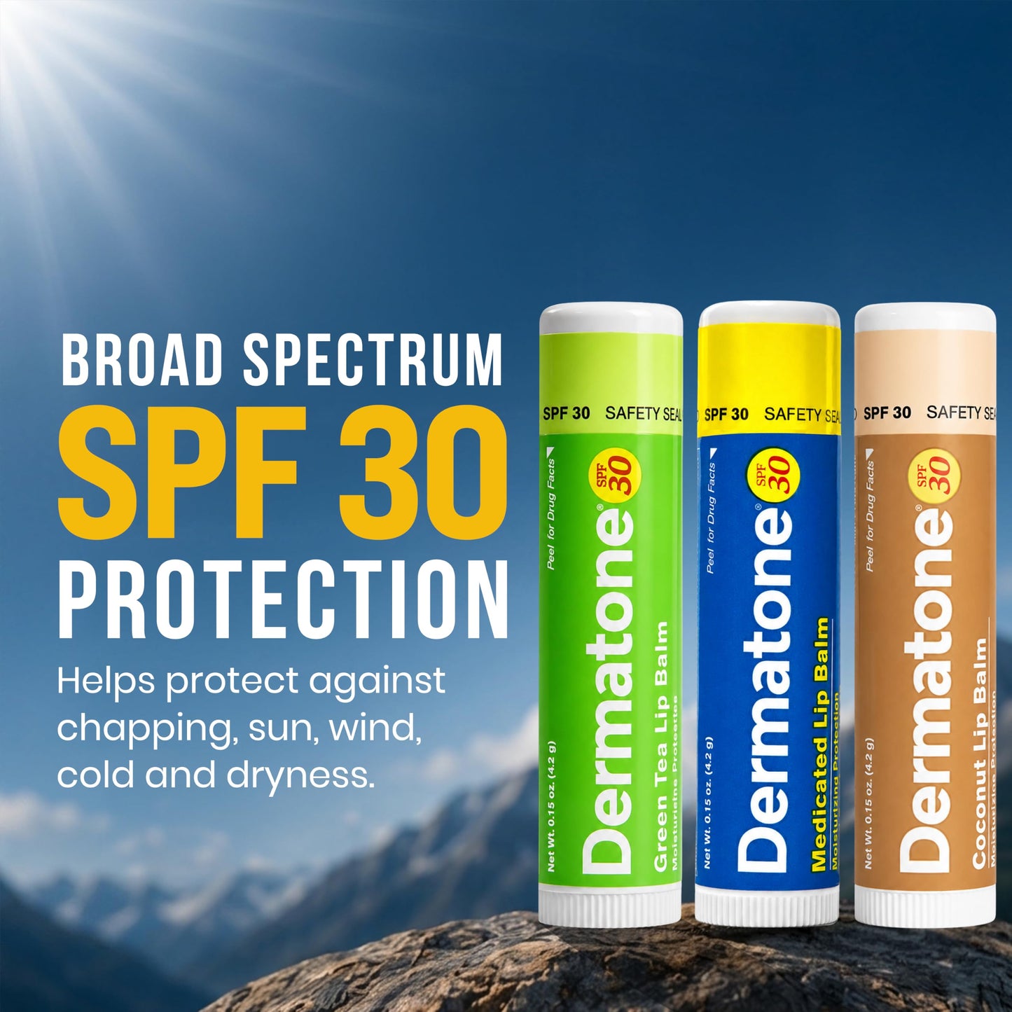 Dermatone Lip Balm Variety Pack | Moisturizing Lip Care | Soothe & Replenish Dry & Chapped Lips | SPF 30 | Aloe, Tea Tree Oil | 3-Pack (Coconut, Green Tea, Original)