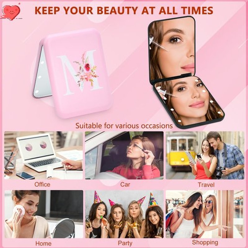 Personalized Gifts for Women Initial compact mirror with Light,Preppy Stuff LED mirror 1X/3X magnifying mirror,Travel mirror,Mini Makeup mirror,Folding Pocket Mirror for Girls Women Bridesmaid Gifts