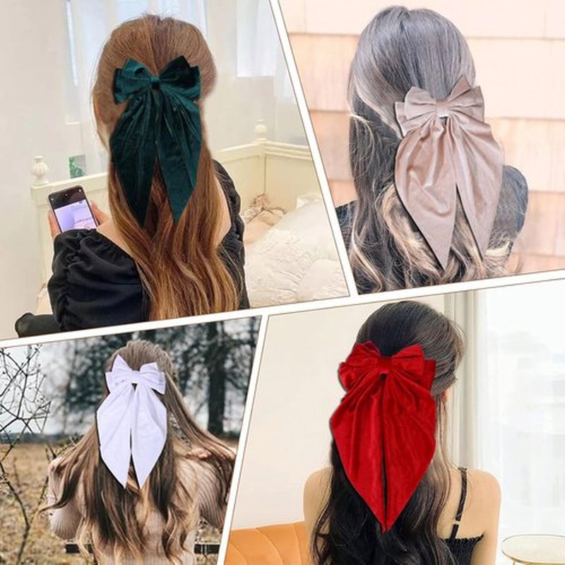 Oversized Velvet Hair Bows for Women Girls,Long Tail Handmade Bowknot Barrettes Velvet Bows Hair Accessories (Beige & Black)