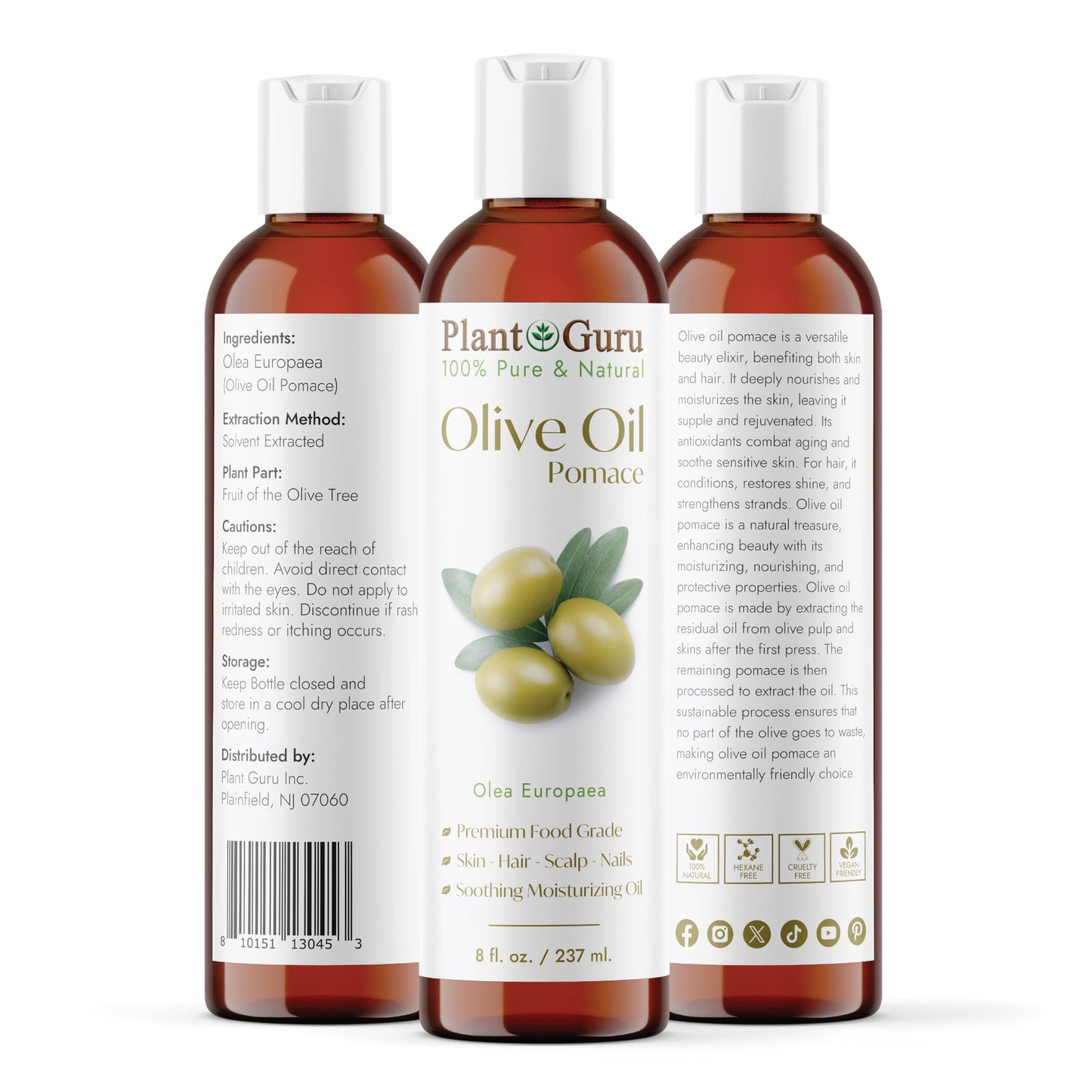 Plant Guru Olive Oil Pomace 8 fl. oz. 100% Pure Natural Carrier Moisturizer For Skin, Body, Face And Hair Growth. Great For DIY Soap Making, Cosmetics and Massage.