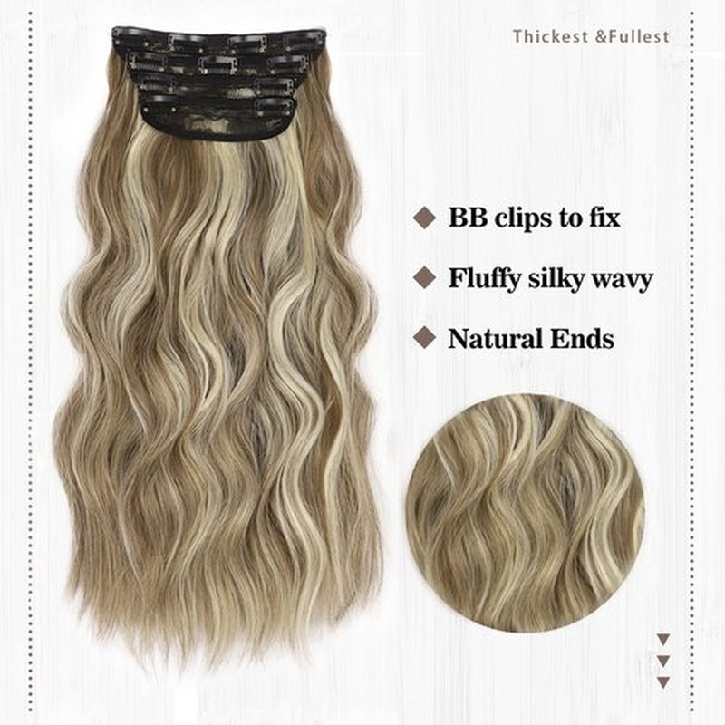 QGZ Clip in Long Wavy Hair Extensions Synthetic 4 PCS Thick Hairpieces for Women 20 Inch Long Fiber Hair Extension for Daily Party Use (Ash Brown Mix Blonde)
