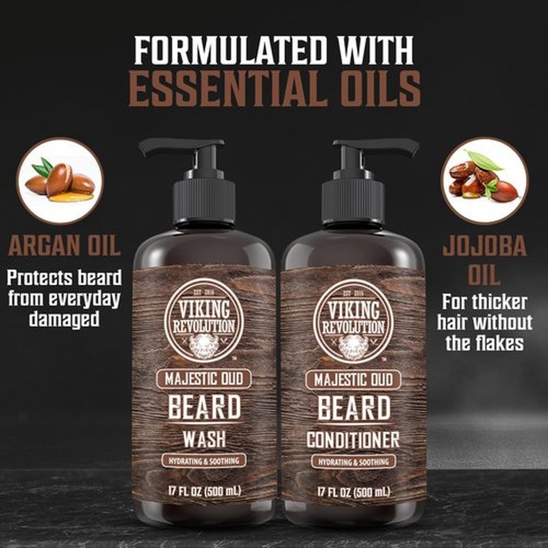Viking Revolution Beard Wash and Beard Conditioner for Men with Argan Oil and Jojoba Oil - Beard Softener and Strengthener Beard Care Beard Shampoo and Conditioner with Beard Oil (17oz, Majestic Oud)