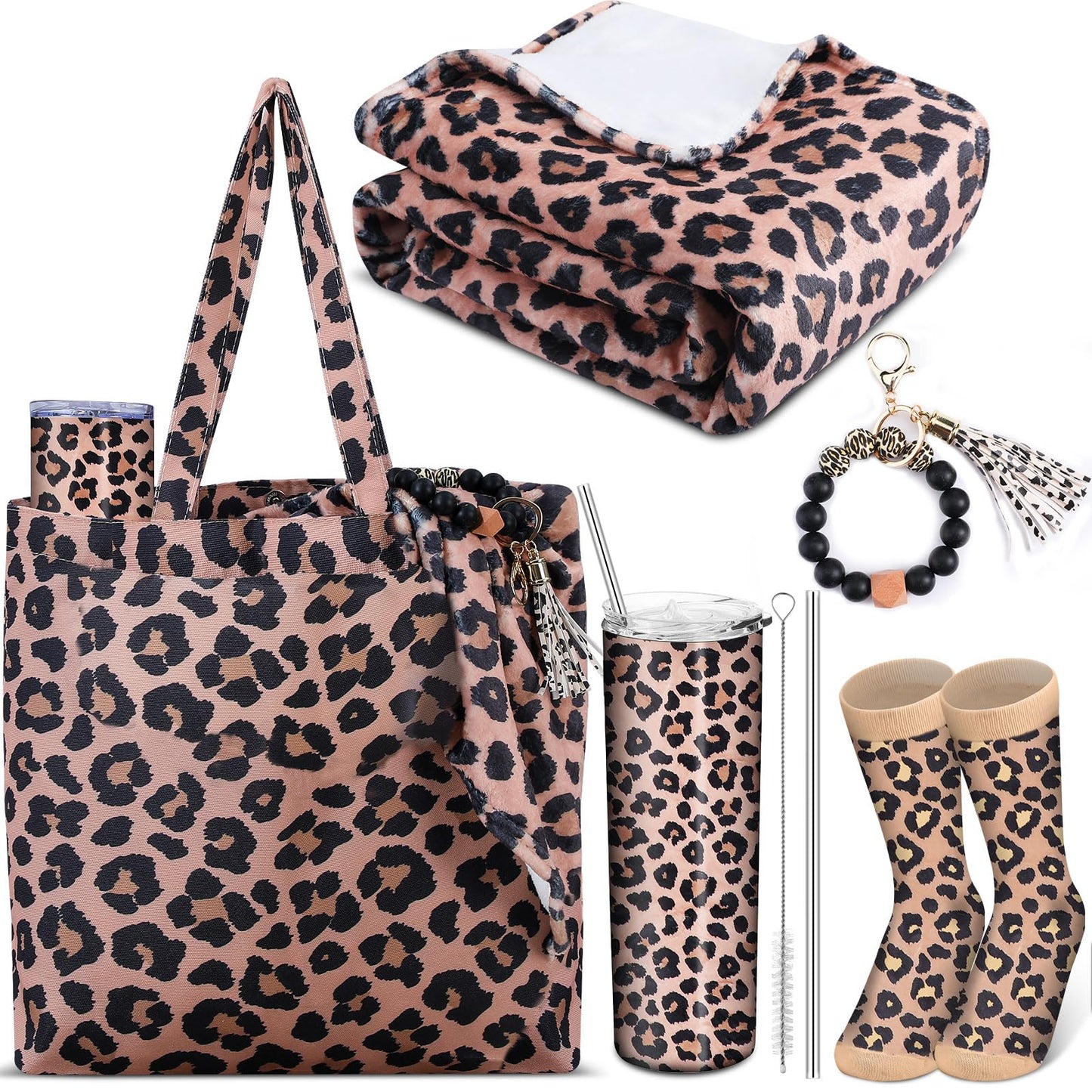 Yaomiao 5 Pcs Leopard Gift Stuff Set for Girl Women Cheetah Print Blanket 20 oz Leopard Stainless Tumbler Cheetah Tote Bag Bracelet Keychain and Socks, Party Gifts Supplies