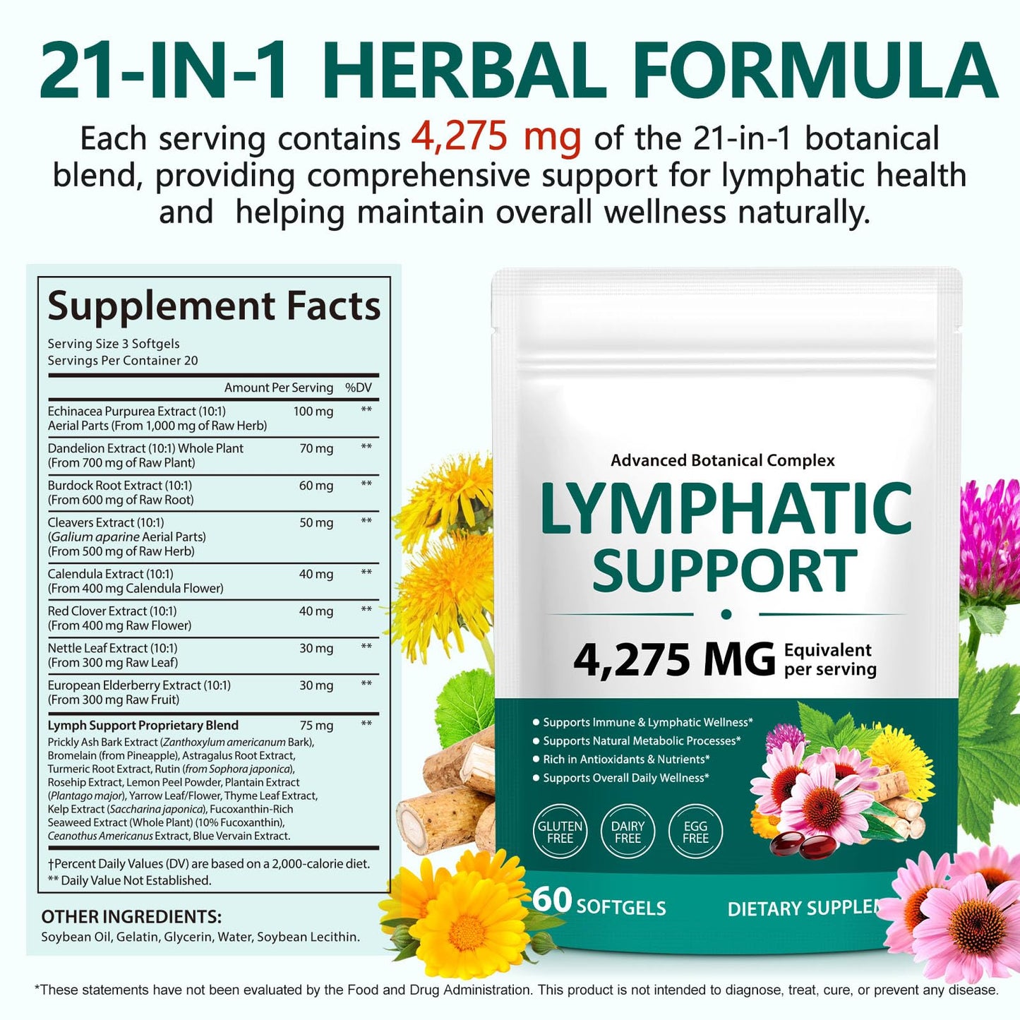 Lymphatic Drainage Supplements, 4275mg Herbal Blend for Immune and Fluid Health for Men Women,with Dandelion, Burdock Root, Echinacea, Turmeric, 60 Softgels for Lymph System Balance