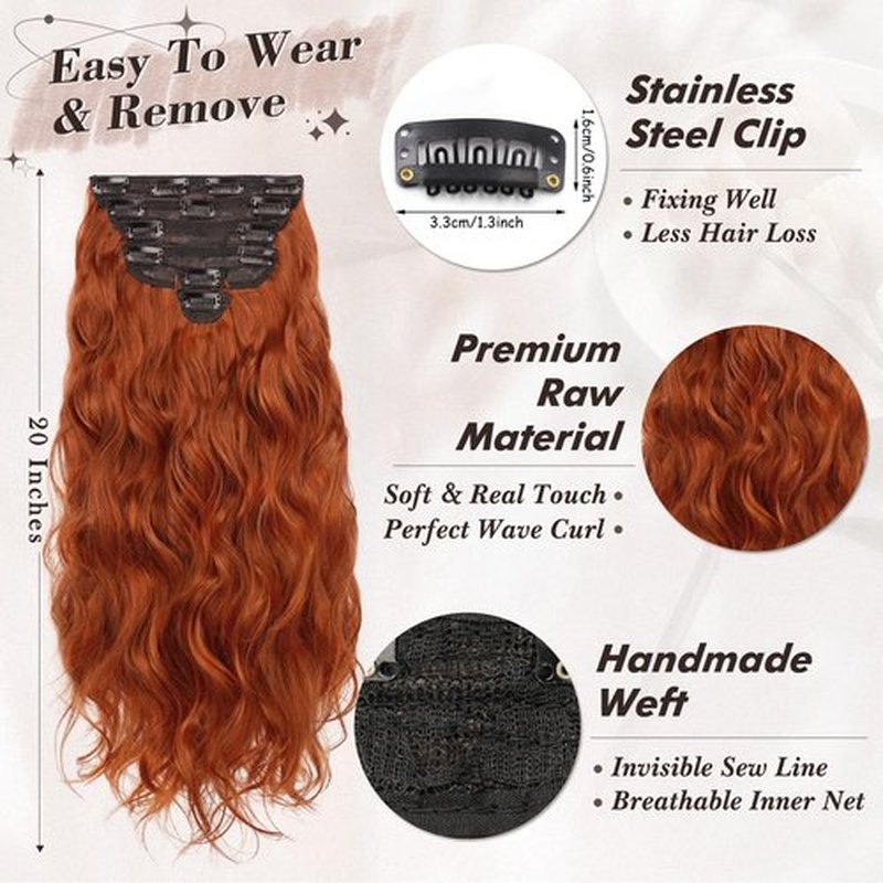 BARSDAR Copper Red Clip in Hair Extensions - 20 Inch Wavy Clip in Hair Extensions for Women - 6PCs Full Head Thick Soft Synthetic Clip in Hairpieces Daily Party Halloween - Copper Red