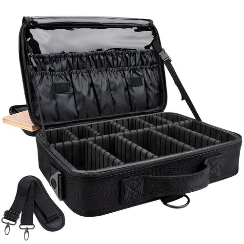 JOURMON Makeup Case 3 Layers Travel Makeup Train Case Crocodile Makeup Bag Organizer Portable Artist Storage Bag with Adjustable Dividers and Shoulder Strap（Black, M）