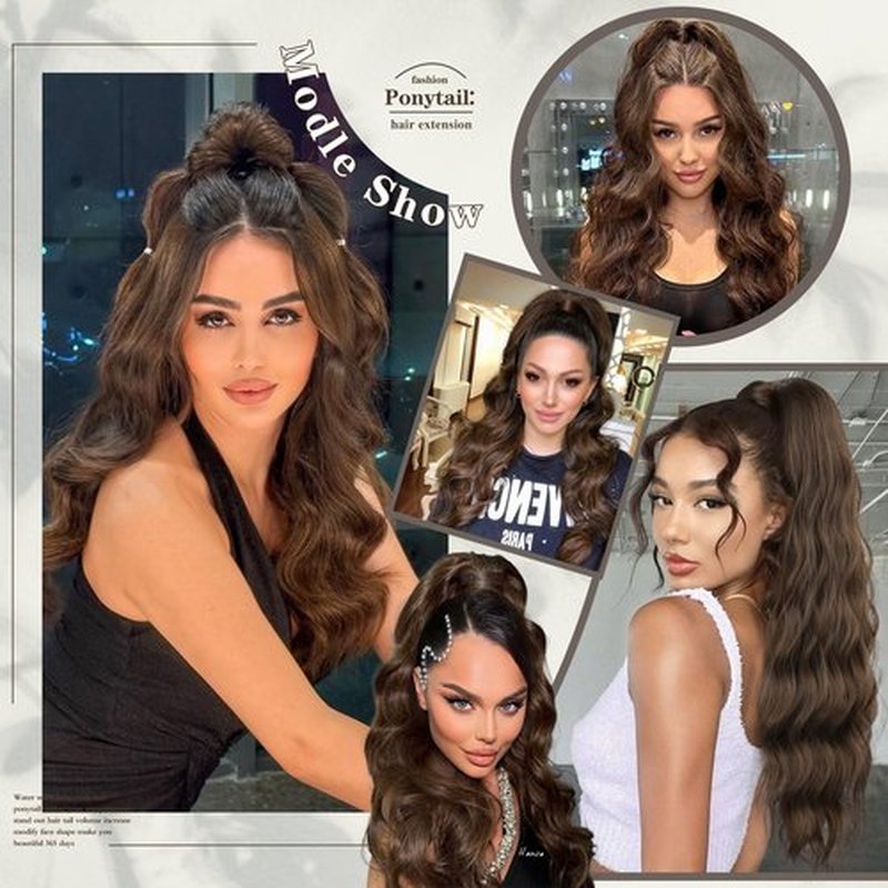 FREEMEIGE Ponytail Extension Drawstring Ponytail Hair Extensions for Women Long Curly Wavy Pony Tail Extension Synthetic Medium Brown Hair Extensions Ponytail Hairpiece for Daily Use Party