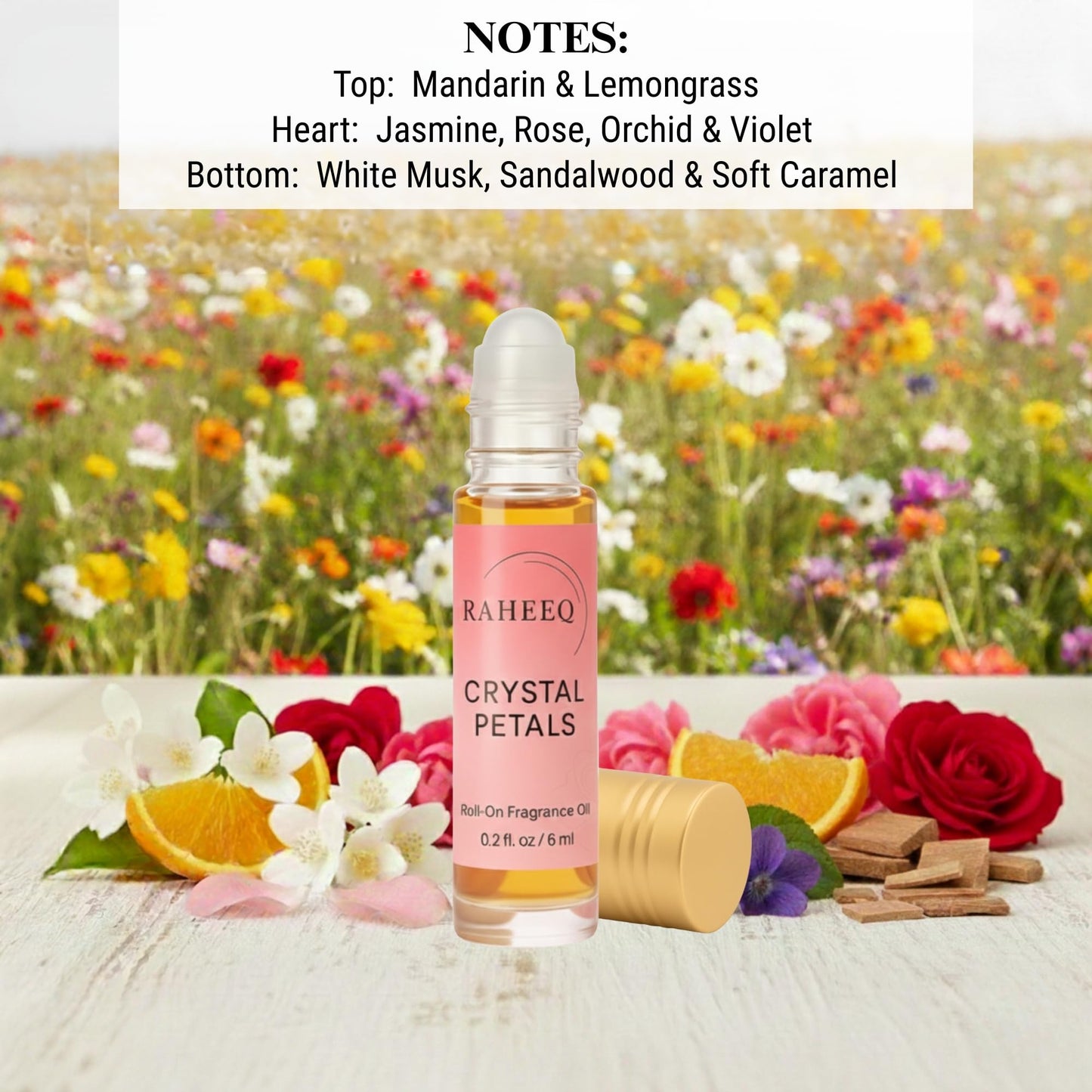 Raheeq Crystal Petals Perfume Oil Roll-On – Long Lasting Jasmine & Rose Fresh Floral Attar, Concentrated Alcohol Free Luxury Arabian Blend, Premium Unisex Fragrance, 6 ml (0.2 fl oz)