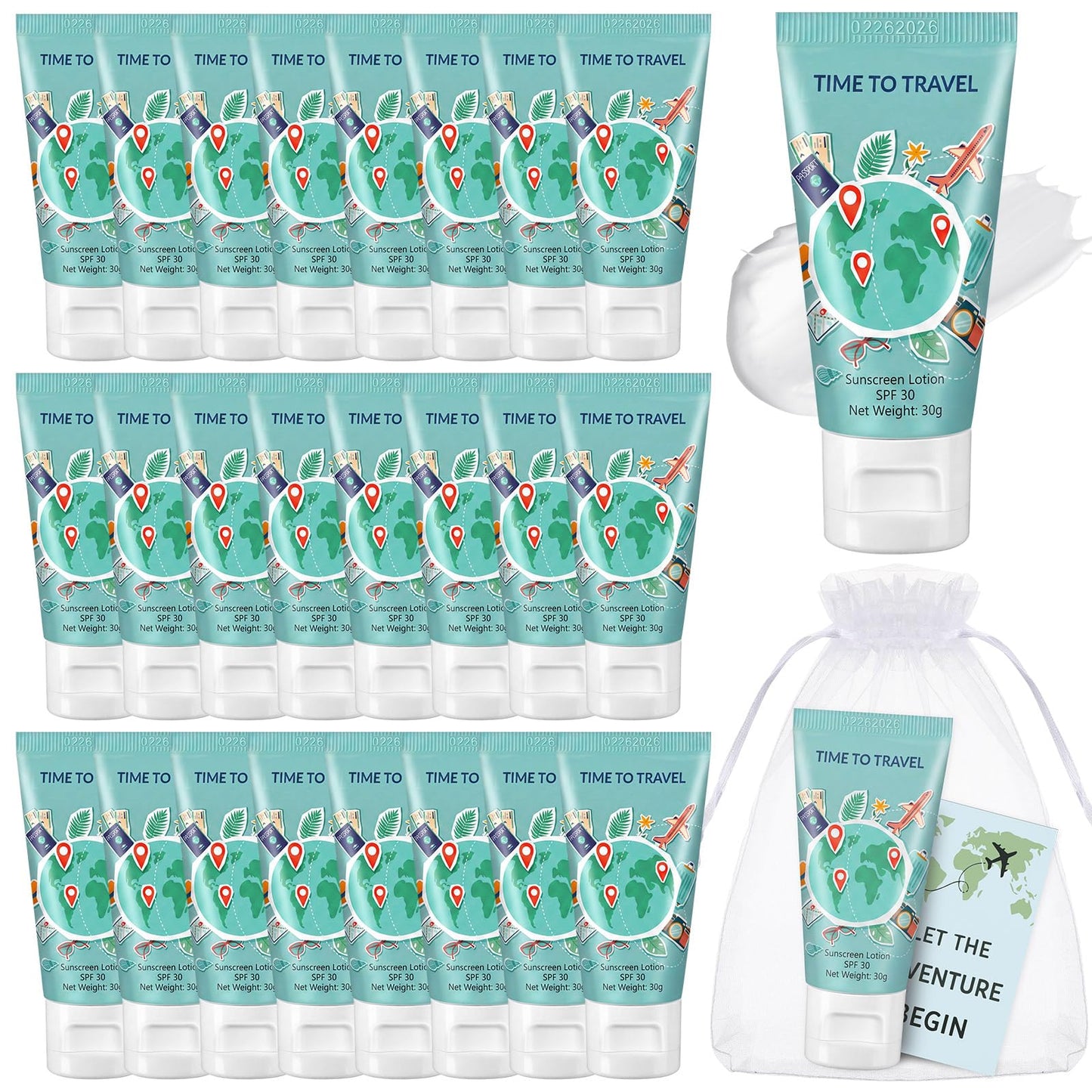 Leelosp 24 Sets Travel Themed Mini Sunscreen Bulk Gift for Adventure Begin Bon Voyage Around the World Favors SPF 30 Water Resistant Sunscreen Lotion 1 Oz Graduation Retirement Gift