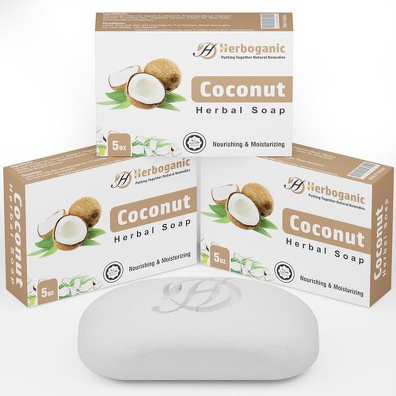 HERBOGANIC Coconut Herbal Soap | Pack of 3 of 5oz soap Bar | Natural Bar Soap for Face and Body | Hydrating and Nourishing | Suitable for Men and Women