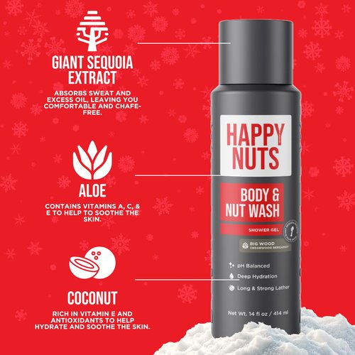 HAPPY NUTS Big Wood Body and Nut Wash - Moisturizing Men's Shower Gel, Bodywash with Deep Cleanse for Sensitive Skin - Men's Body Soap