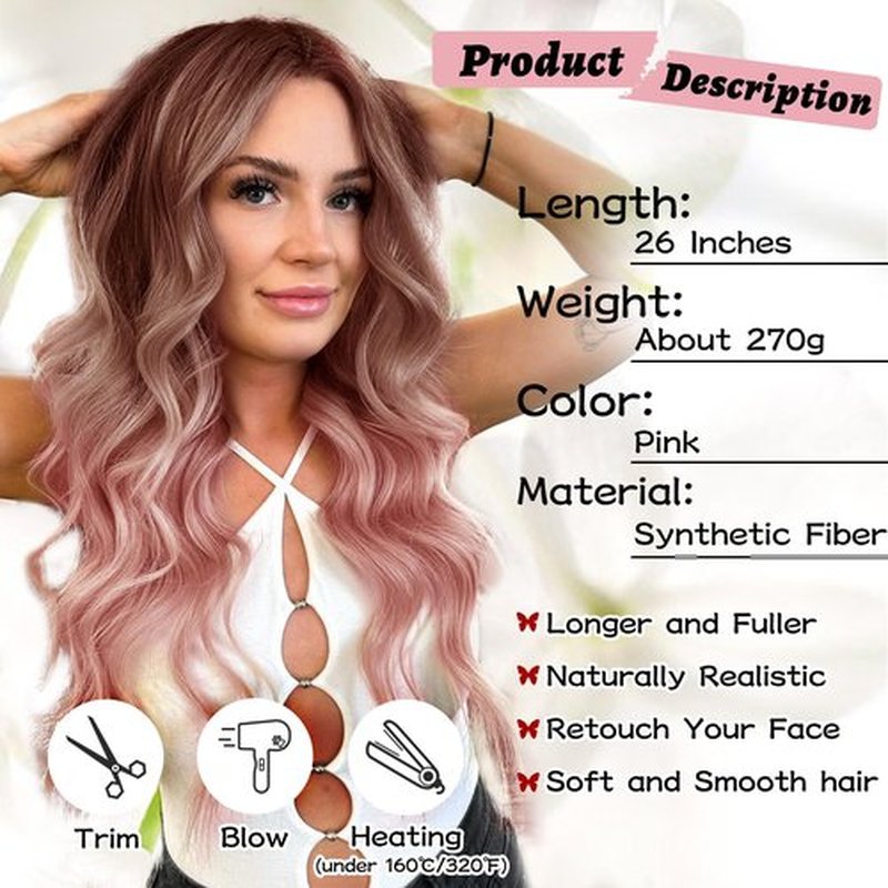 NAYOO Long Wavy Wigs for Women Middle Part Ombre Pink Wig with Dark Roots Synthetic Heat Resistant Fiber Women Wigs for Daily Party Use (Pink)